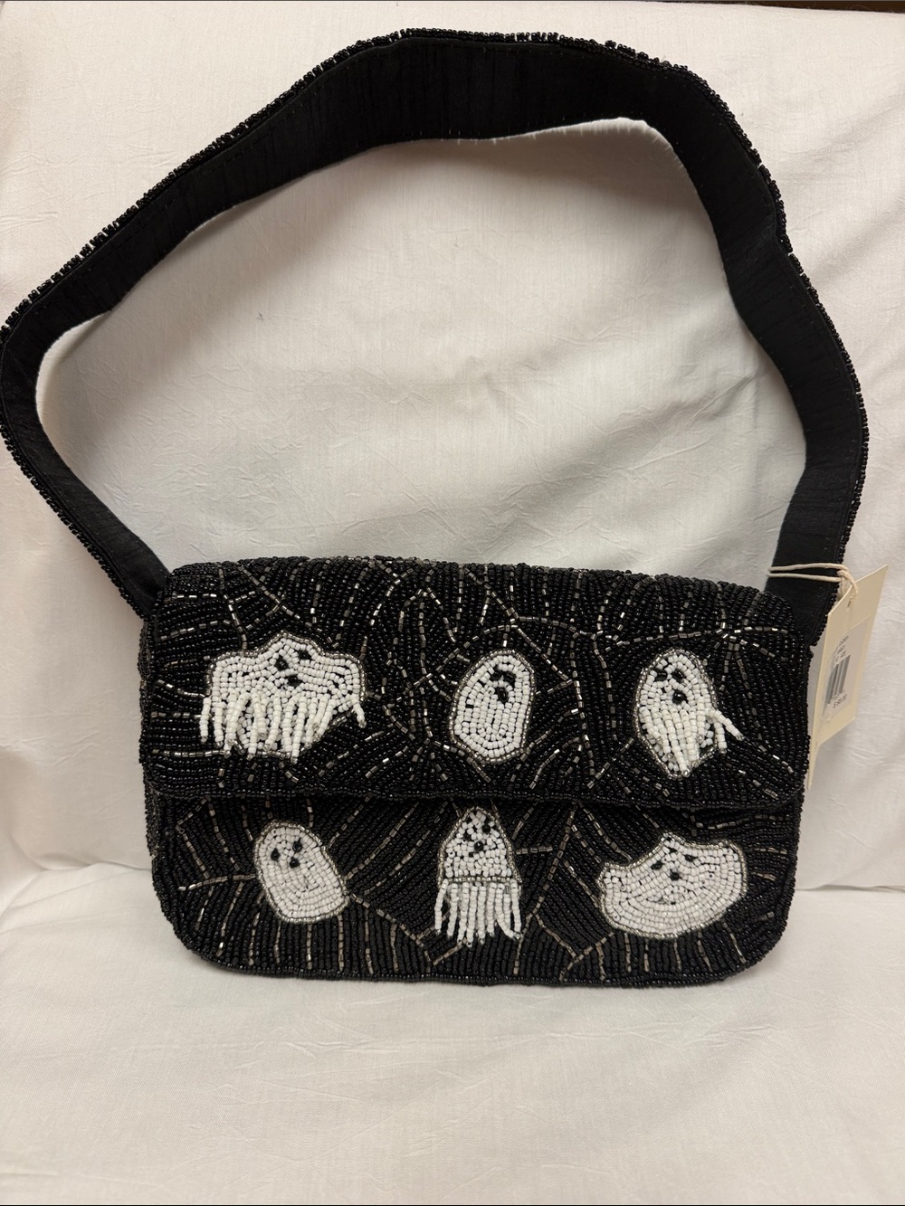 Black Beaded Shoulder Bag with White Ghost Motifs